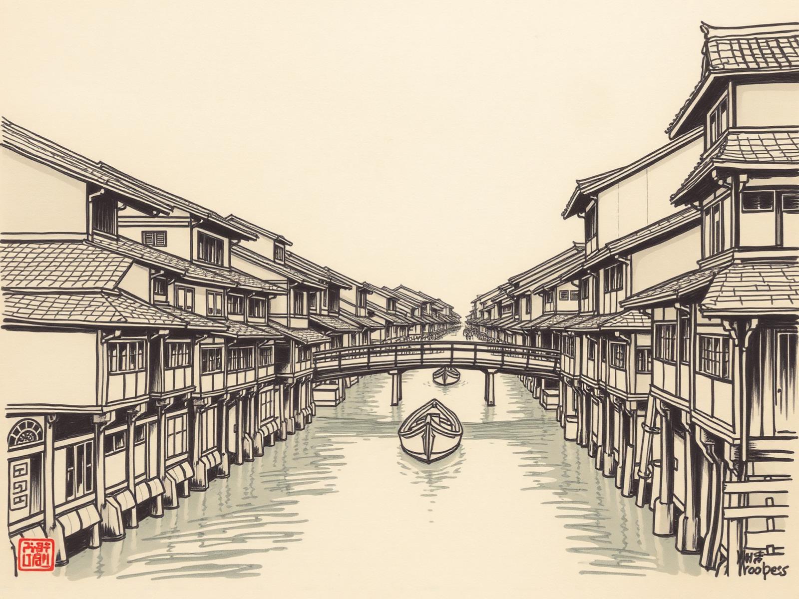 古い深川の街並みイラスト